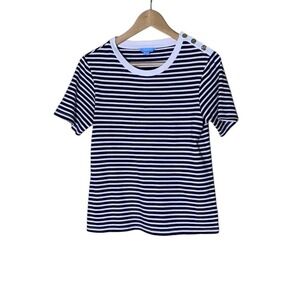 Draper James Striped Tee Womens Small Navy White Gold Button Shoulder Nautical